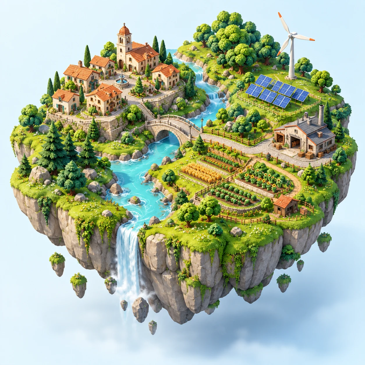 An imaginative island with a village, working farm, river, bridge, and renewable energy systems